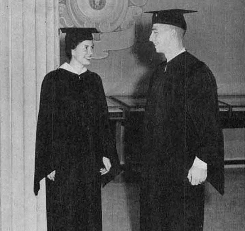 Richard Zuegel and Barbara Blake (Zuegel) model the “bachelor’s gown” as featured in the May 1957 issue of Rochester Review.